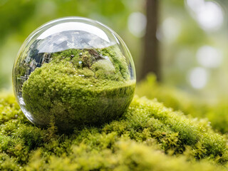 Crystal globe placed on moss. ESG icon for environment. Society and Governance Sustainable global environment concept