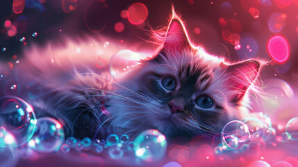 Wall Mural - A cat is laying on a bed with bubbles surrounding it. The bubbles are pink and purple, creating a dreamy and whimsical atmosphere. The cat appears to be relaxed and comfortable in its surroundings