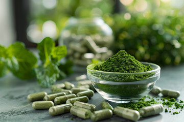 Green herbal capsules and powder in glass bowl with leaf and plants on background. Herbal supplement kratom, spirulina or moringa.