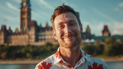 Wall Mural - A man in a Canadian shirt smiling in front of a city, showing happiness and joy