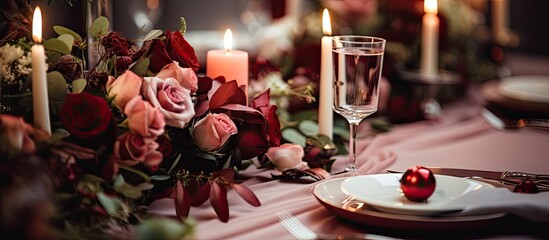 Sticker - Table adorned with plates, candles, and flowers in a room