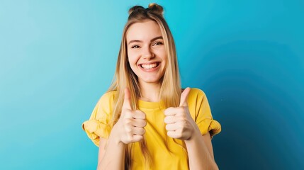 Young Russian girl isolated on blue background giving a thumbs up gesture