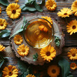 © Shehriyar - yellow-orange calendula flowers and glass cup with herbal tea on rustic wooden table. Healing infusion with medicinal plant calendula. Made with generative ai