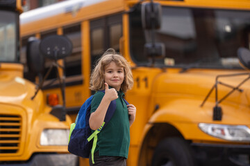 Aufkleber - Educational concept. Child getting on the school bus. American School. Back to school. Kid of primary school. Happy children ready to study.