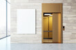 Elevator with open doors and a blank billboard against a marble wall. 3D Rendering