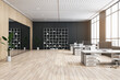 Clean wooden and concrete coworking office interior with panoramic window, city view and daylight. 3D Rendering.