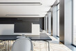 Modern office space with minimalist design, natural light, and striking linear elements. 3D Rendering