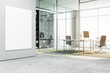 Modern office interior with a blank white poster mockup on the wall, glass partitions, and city view background for advertising display. 3D Rendering