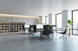 Modern office interior with desks, computers, and large windows, empty design space with natural lighting, corporate workplace concept. 3D Rendering