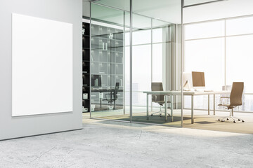 Wall Mural - Modern office interior with a blank white poster mockup on the wall, glass partitions, and city view background for advertising display. 3D Rendering