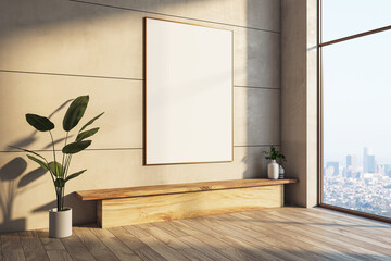 Poster - Modern interior with blank white mock up poster on concrete wall, decorative plants, wooden bench and window with city view and sunlight. 3D Rendering.