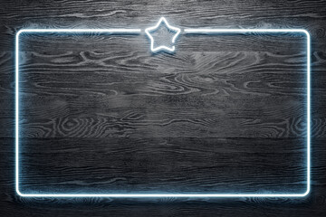 Poster - Abstract black wood banner with glowing retro stars and mock up place. Party and event concept. 3D Rendering.