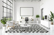 A white room with black and grey geometric patterns on the floor, featuring an office desk in one corner of the space