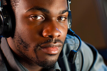 Wall Mural - Call center worker with headset and microphone