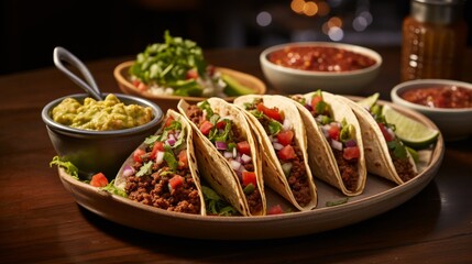 Wall Mural - A vibrant plate adorned with an assortment of delicious tacos, flavorful salsa, and creamy guacamole