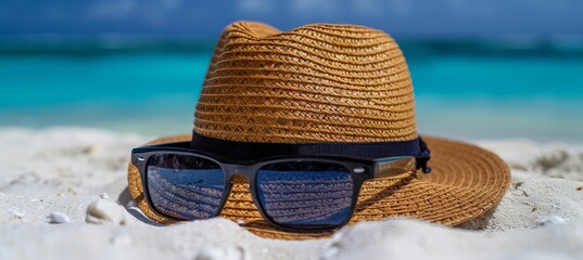 Chic sun hat and trendy sunglasses on beach for summer travel marketing, exuding relaxation and fun