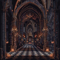 Poster - A dark, empty cathedral with a single candle lit in the center