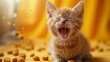 Adorable White and Orange Cat with Funny Expression Eating Food on Yellow Background Generative AI