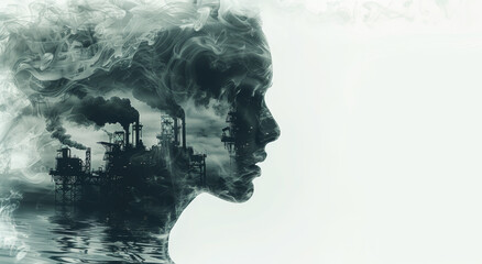 Wall Mural - Double exposure of a woman's silhouette and industrial smokestacks on a white background illustrating environmental concepts. Generative AI