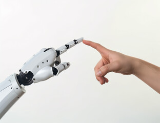 Poster - A human hand and a robot hand pointing at each other, symbolizing human-robot interaction on a light background. Generative AI