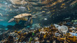 A sea turtle swims among plastic trash. Ecological catastrophy.