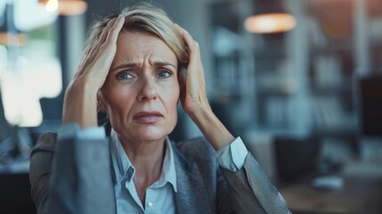 Wall Mural - Concerned middle-aged businesswoman in a simple, elegant office, clutching her head, looking distressed, styled as a soft-focusgraph.