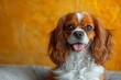 Cheerful King Charles Spaniel Posing on a Yellow Background Generative AI