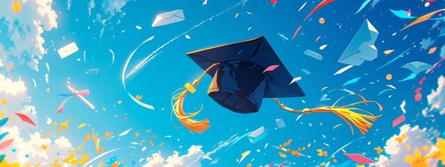 Wall Mural - A black graduation cap with yellow tassels floats in the blue sky with sunlight and bokeh background for school education concept banner design. White clouds, paper planes, envelopes, graduation theme