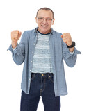 Fototapeta  - Portrait of sixty year old man in glases winning the prize, isolated on white background. Happy man in striped shirt showing yes sign and posing in studio.