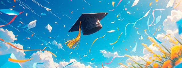 Wall Mural - A black graduation cap with yellow tassels floats in the blue sky with sunlight and bokeh background for school education concept banner design. White clouds, paper planes, envelopes, graduation theme