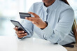 Business, hands and black woman with credit card, smartphone and typing with connection, payment and online banking. Closeup, African person and consultant with cellphone, ecommerce and discount deal