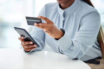 Poster - Business, hands and black woman with credit card, smartphone and typing with connection, payment and online banking. Closeup, African person and consultant with cellphone, ecommerce and discount deal