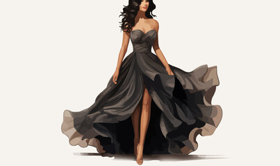 Stylish young woman wearing fashionable long dress, gown for evening event, cocktail or party side view. Gorgeous girl in luxury clothes. Realistic vector illustration on transparent background