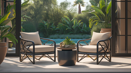 Poster - outdoor living room and two chairs are placed next to a pool