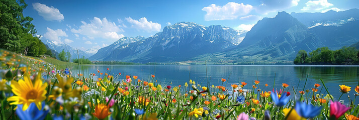 Wall Mural - mountain lake, flowers, spring background, 4k wallpaper 