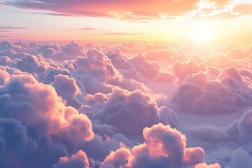 Poster - Vibrant sunrise sky with fluffy cumulus clouds on a transparent white surface, perfect for hopeful and inspiring scenes