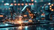 © JovialFox - photorealistic image of a robotic arm welding metal in a futuristic factory, with sparks flying and hot metal glowing