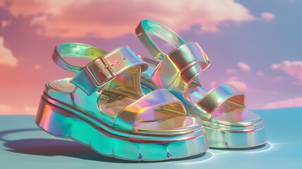 Poster - A pair of platform sandals with a holographic iridescent finish  AI generated illustration
