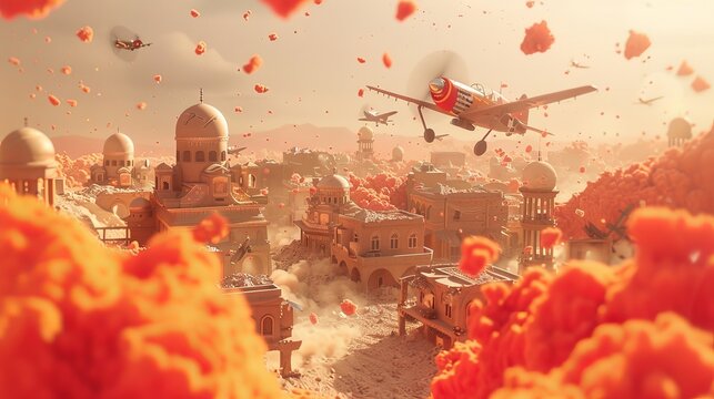 A playful 3D rendering of a war scene with a Memphis twist  AI generated illustration