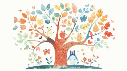 Fototapete - A playful and colorful family tree in a cute style  AI generated illustration