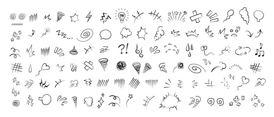 Manga or anime comic emoticon element graphic effects hand drawn doodle vector illustration set isolated on white background. Anime style manga doodle line expression scribble anime mark collection.