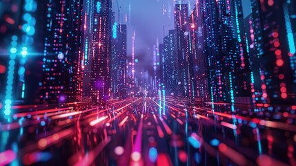 Wall Mural - Abstract cityscape with neon data streams