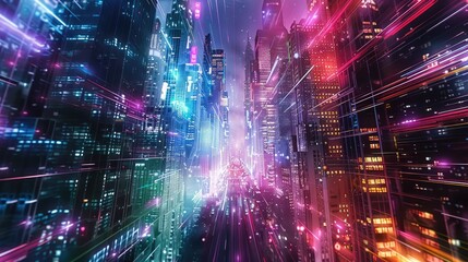Wall Mural - Abstract cityscape with neon data streams
