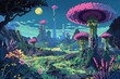 Pixel art, alien world with bizarre plants and animals.