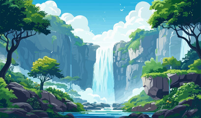 Wall Mural - A waterfall cascading its mighty streams amidst green forests and cliffs. Vector illustration.