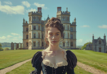 Wall Mural - a beautiful woman in Victorian standing outside an English castle