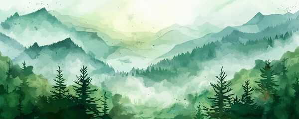 landscape mountain on green background. traditional watercolor orienta. vector simple illustration
