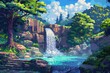Pixel art of a waterfall cascading into a pixelated pool.