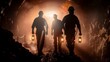 Silhouettes of miners in a helmet with lanterns in a dark cave exploration and geological work, coal mining, warm light