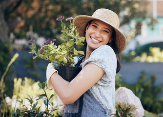 Canvas Print - Flower, outdoor garden and portrait of woman with plant for environment, sustainability or ecology. Nature, happiness and female person for green nursery, agriculture or landscaping in backyard